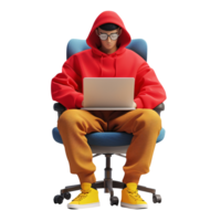 3D man holding a smart phone and sitting png