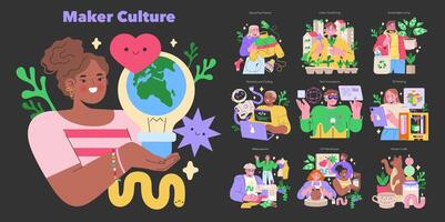 Maker Culture set Diverse individuals unite in creativity, from gardening and upcycling to robotics and 3D printing Community collaboration in innovation illustration vector