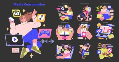 Media Consumption set Interacting with varied digital channels Insight into contemporary habits across devices Exploring multimedia learning and entertainment illustration vector