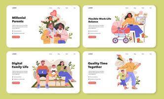 Millennial Parents website set. illustration for digital platforms. vector