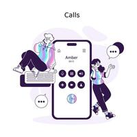 Individuals engage in a phone conversation, depicted next to a smartphone interface vector