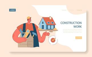 Construction Work concept. A smiling worker with tools highlights home vector