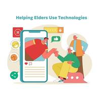 Intergenerational tech tutorial concept. illustration vector