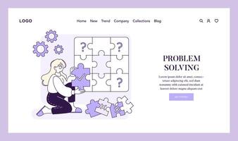 Illustration of a woman piecing together a puzzle, a metaphor for finding the right solution to a problem with strategic thought vector