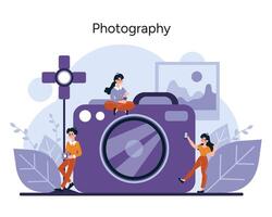 Creatively capturing the essence of moments, characters interact with an oversized camera vector