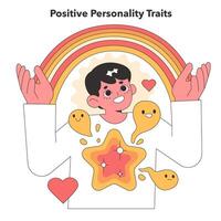 Delightful illustration of a character radiating positive personality traits, enveloped by a vibrant rainbow and joyful emoticons, symbolizing optimism vector