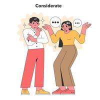 Colorful illustration depicting a considerate interaction between two characters, highlighting empathy and understanding in human relationships vector