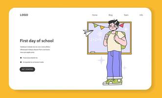 First day of school web banner or landing page. Boy with backpack standing vector