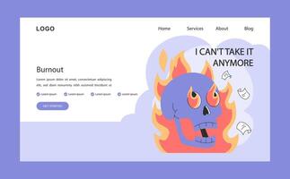 Professional burnout web banner or landing page. Skull on fire. vector