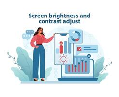 Optimal Screen Settings Illustration. A woman adjusts a display's brightness and contrast. vector