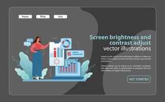 Optimal Screen Settings Illustration. A woman adjusts a display's brightness and contrast. vector