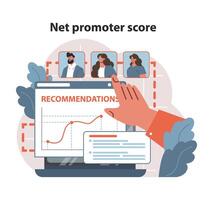 Net promoter score concept. Analyzing customer reviews on a laptop. vector