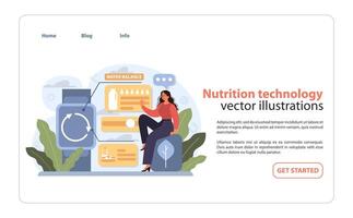 nutrición tecnología concepto. un mujer interactúa con un digital plataforma para dietético seguimiento. vector