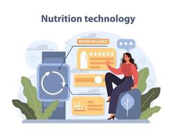 nutrición tecnología concepto. un mujer interactúa con un digital plataforma para dietético seguimiento. vector