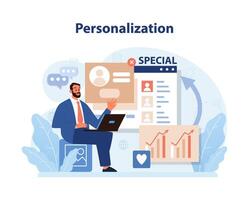 Personalization in Consumer Engagement set. A man customizes customer profiles for targeted marketing strategies. vector