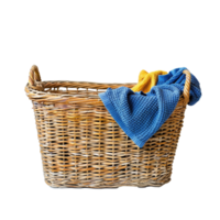 Wicker basket with blue and yellow towels on transparent png