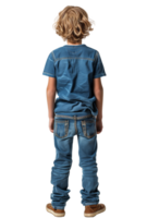 Young boy in denim outfit from behind on white background png