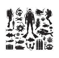 Scuba diving set silhouettes. Scuba diver, underwater sport. Isolated on white background. illustration. vector