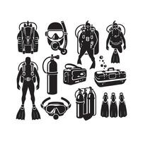 Scuba diving set silhouettes. Scuba diver, underwater sport. Isolated on white background. illustration. vector