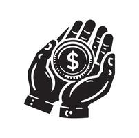 MONEY ON THE HAND SILHOUETTE STYLE. SAVE MONEY ICON, INVESTMENT, FINANCE SIGN. vector