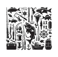 FISHING ELEMENTS ICON ILLUSTRATION SILHOUETTES vector