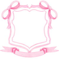 Pink couette bow crest clipart, Hand drawn watercolor wedding victorian frame and ribbon illustration. png