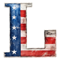 A capital letter L is filled with the design of the United States flag against a solid-colored background. png