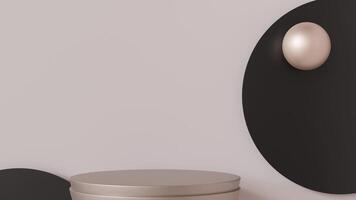 Minimalistic scene with black circles and metallic sphere. Beige background. Template for product, cosmetic presentation. Mock up. Backdrop with empty, copy space. Display, showcase. 3D animation. video