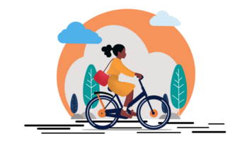 flicka cykling på väg animation, cykling karaktär full längd, cykel resa transport, turist ung kvinna cykling ner de gata, aktiva urban, kvinna är ridning cykel, tillbaka till skola png