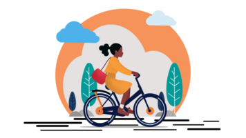 fille cyclisme sur route animation, cyclisme personnage plein longueur, vélo Voyage transports,tourisme Jeune femme cyclisme vers le bas le rue, actif urbain, femme est équitation vélo, retour à école png