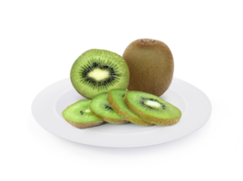 Ripe whole kiwi fruit and half kiwi fruit on the plate, transparent background png