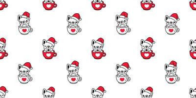 dog seamless pattern Christmas french bulldog Santa Claus hat coffee cup cartoon tile background repeat wallpaper scarf isolated illustration design vector