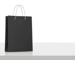 black paper bag on white wooden table, transparent background png