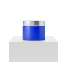 blue jar beauty cream container on podium white square, transparent background png