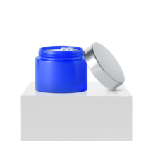 blue jar beauty cream container on podium white square, transparent background png