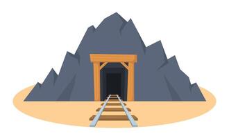 Mine cave entrance with railway. Rock, stone shaft with wooden planks. Coal mine tunnel. illustration. vector