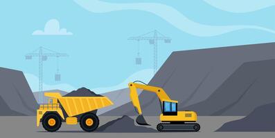 Excavator and dump truck working at coal mine. Open pit mine or quarry, extraction machinery. Heavy machinery of wheeled excavator filling with coal materials on a truck. illustration. vector