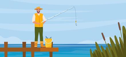hombre pesca. pescador a lago o río. hombre en chaleco y sombrero. chico esperando para captura un pez. al aire libre recreación, ocio tiempo. ilustración. vector