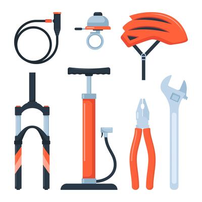 Bicycle equipment and parts, set of icons, symbols and design elements. Sport bike repair components. illustration.