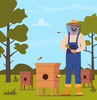 Beekeeper man at apiary, work with hives and honey bees. Apiarist at farm with beehives and flower garden panorama. Apiculture worker beekeeping. illustration. vector