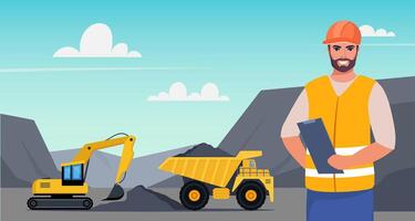 Excavator and dump truck working at coal mine. Open pit mine or quarry, extraction machinery. Man engineer in orange protective helmet on the foreground. illustration. vector