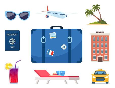 aventuras turismo, viaje en el extranjero, verano vacaciones viaje decorativo diseño elementos. conjunto de viaje iconos transporte, hotel, equipaje, aeropuerto. cóctel, palmera. ilustración. vector