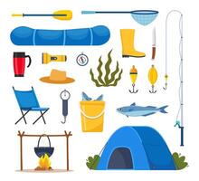 Equipment and tools for fishing. Fishing rod, float, inflatable rubber boat, landing net, fishers clothes, hook, fish, hat, flashlight, boots. Outdoor activity, recreation, hobby. illustration. vector