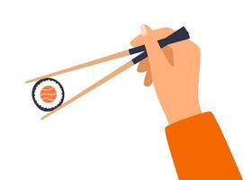 Hand holds chopsticks with sushi. Hand holds bamboo sticks. Asian cuisine. Image showing how to use chopsticks. illustration. vector