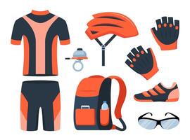 Bicycle set. Bike equipment. Cyclist gear, sportswear for biker, track accessories for extreme sport training isolated on white. illustration. vector