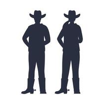 Man and woman cowboys in hat standing, black silhouette. American characters from wild west. Flat illustration isolated on white background. vector