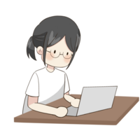 cartoon girl sitting at a table with a laptop png