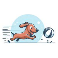 Daschund dog chasing a bouncing ball in a minimalist style png