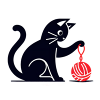 Black cat play with red yarn ball concept png