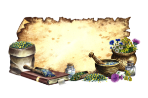 A frame with medicinal herbs cornflower, chamomile and tansy. Dried, crushed in a linen bag, in glass bottles and a wooden pot. Mortar and pestle for grinding. A hand-drawn watercolor illustration. png